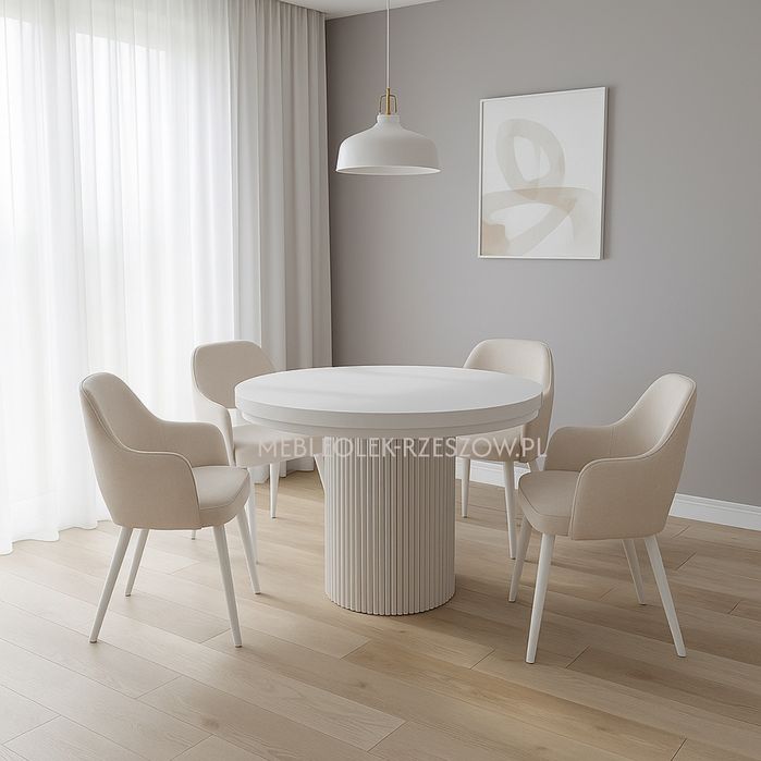 Stół okrągły rozkładany z ryflowaną podstawą, lamel, kaszmir