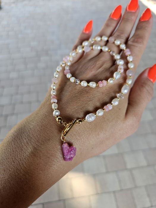 Naszyjnik kamienie naturalne Perły naturalne Opal peruwiański Kwarc