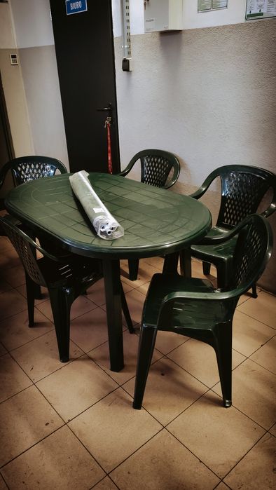 Meble ogrodowe 6+1 stół krzesła i parasol zielony nowe