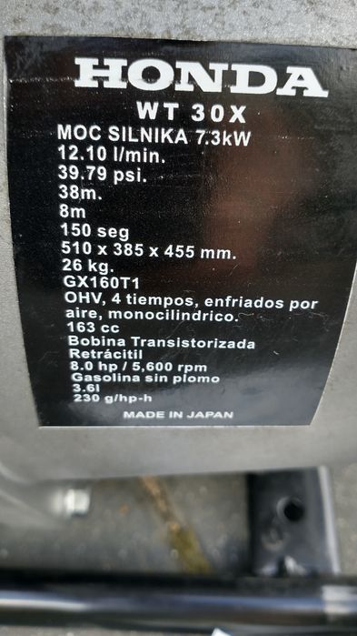 Motopompa HONDA WT 30 X  silnik Max moc 7,3KW NOWA 2022 Rok !!