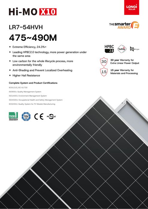 Palete com 36 painéis fotovoltaicos LONGi 490W Hi-MO X10 Mono, moldura