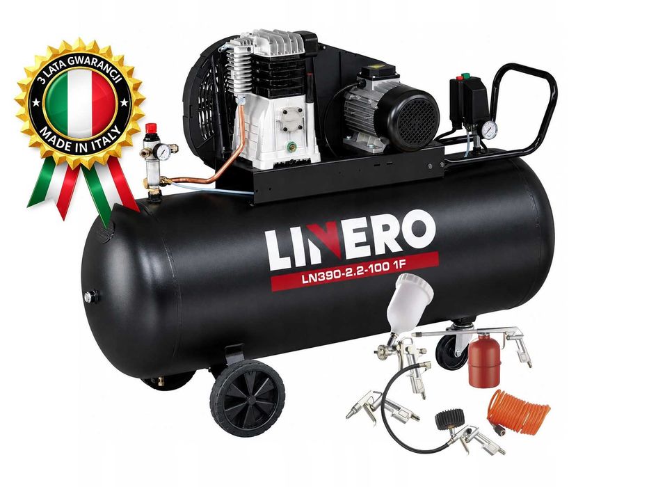 Włoski kompresor olejowy LINERO LN390-2.2-100 1F 2,2KW 10BAR 100L 390L/MIN 230V - 3 LATA GWARANCJI + GRATIS ZESTAW PNEUMATYCZNY!
