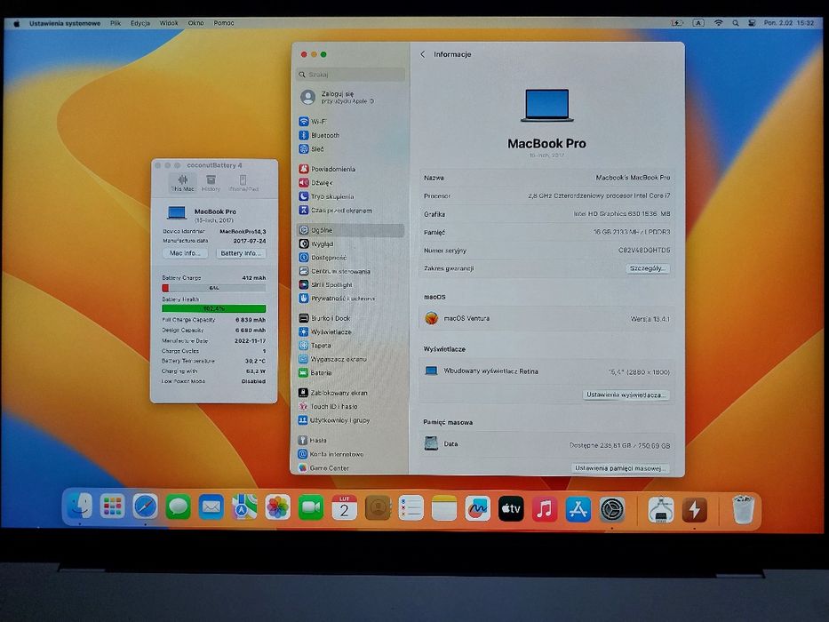 Macbook Pro 15 2017  i7/16GB/256SSD/AMD Pro 555 2GB/Bateria 1 Cykl/