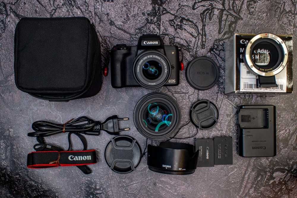 Canon M50 + Canon 15-45 + Sigma 30mm f 1.4 + EF-EOS-M adapter