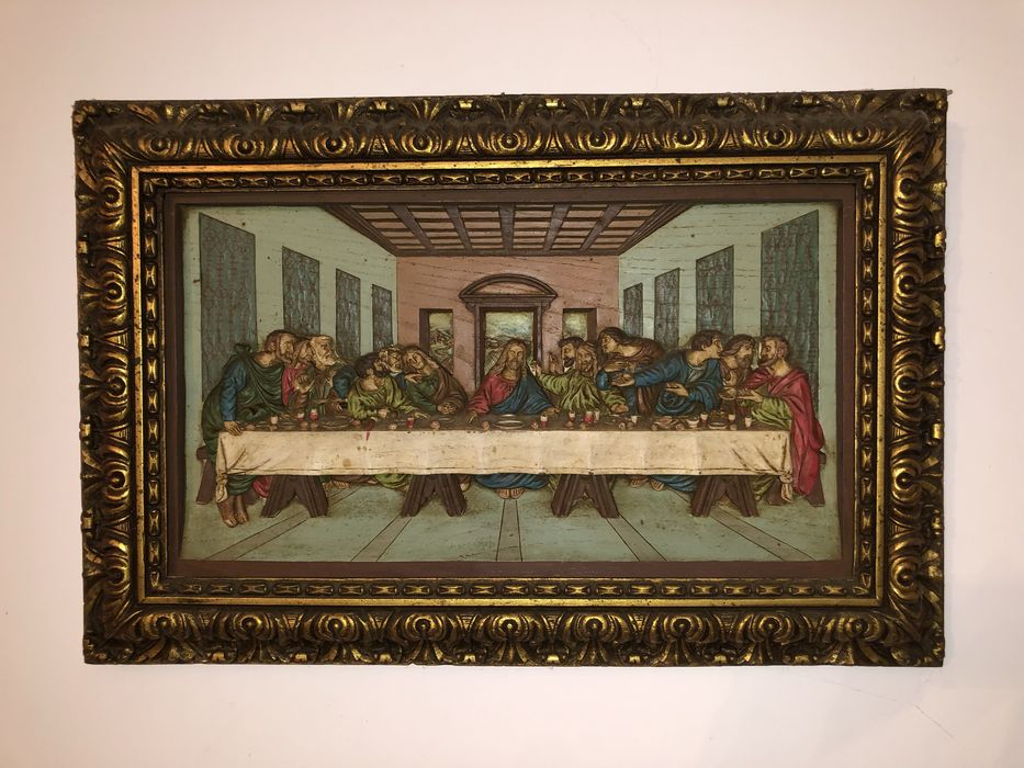 Quadro ultima seia em baixo relevo e talha dourada