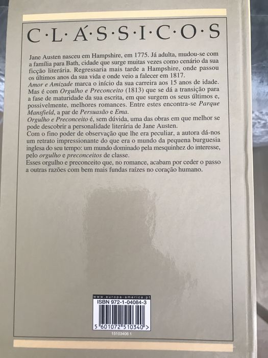 Livro “Orgulho e Preconceito” de Jane Austen