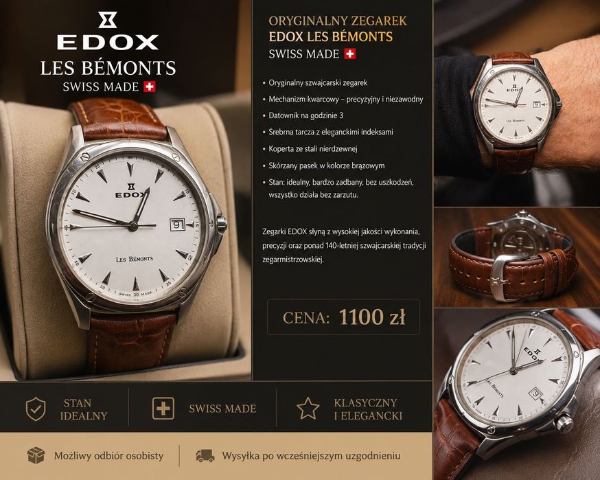 Oryginalny zegarek EDOX Les Bémonts – Swiss Made – stan idealny