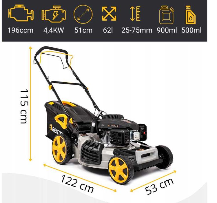 Бензинова газонокосарка з приводом, 62 л, 2 ножі, 51 см, 196 см³