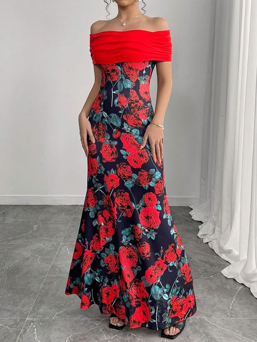 Sukienka Syrena W Róże Carmen Twist Maxi Casual Shein M 38
