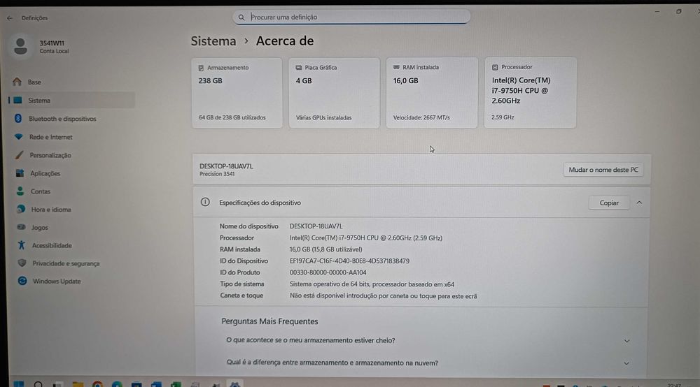 Dell Precision 3541 Ecrã 15.6 – i7 HexaCore/16GB RAM/NVME/Gráfica Nvidia Quadro P620