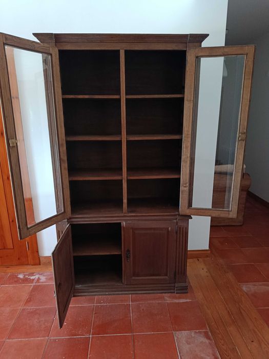 Movel armario louceiro cristaleira estante livreiro vitrine madeira castanho maciça qualidade