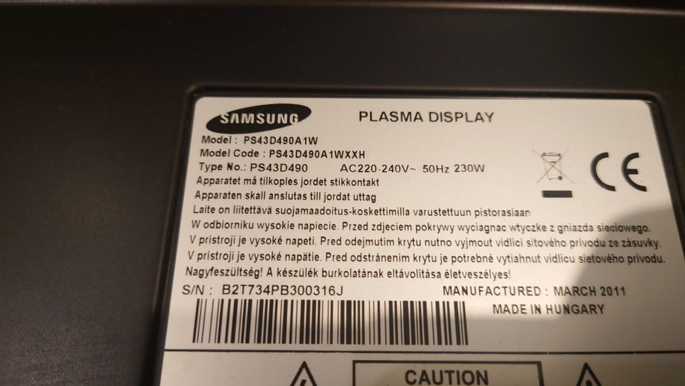 Telewizor plazmowy Samsung 43 cale 3D uszkodzony