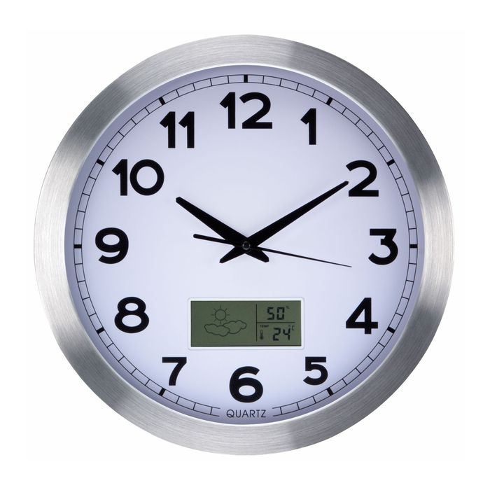Relógio de parede, redondo, analógico, 35 cm, tela LCD com termômetro,