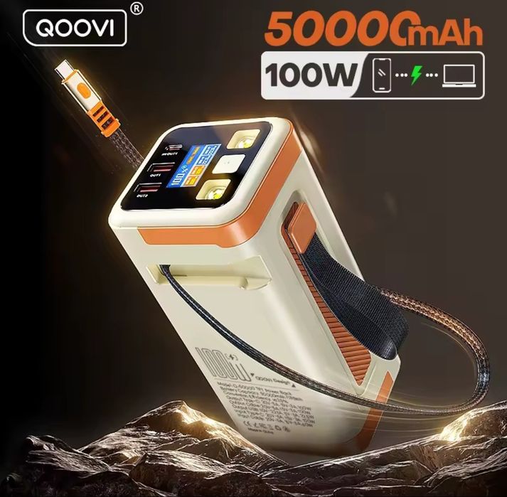 Павербанк QOOVI 50000 mAh 100W з TFT дисплеєм та вбудованим кабелем
Па