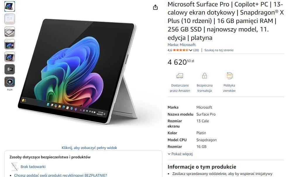NOWY Microsoft Surface Pro 11 gen. 13"/16GB/256GB/W11 z ładowarką