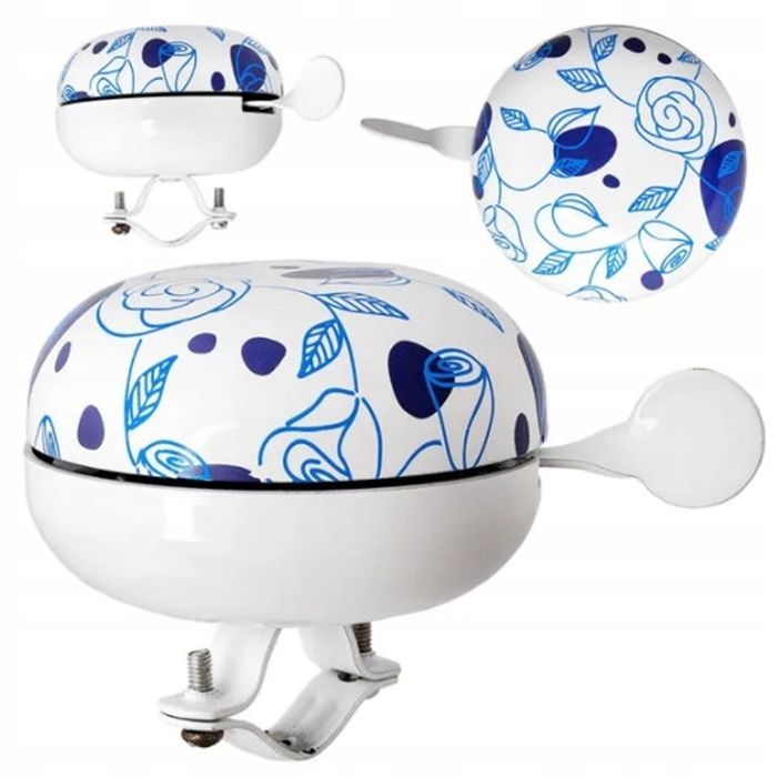 Dzwonek rowerowy retro Ding Dong 80mm biały niebieski kwiaty
