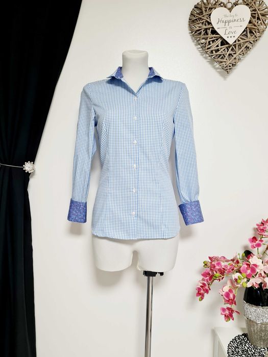 397. Elegancka koszula damska z kołnierzykiem w kratkę S 36