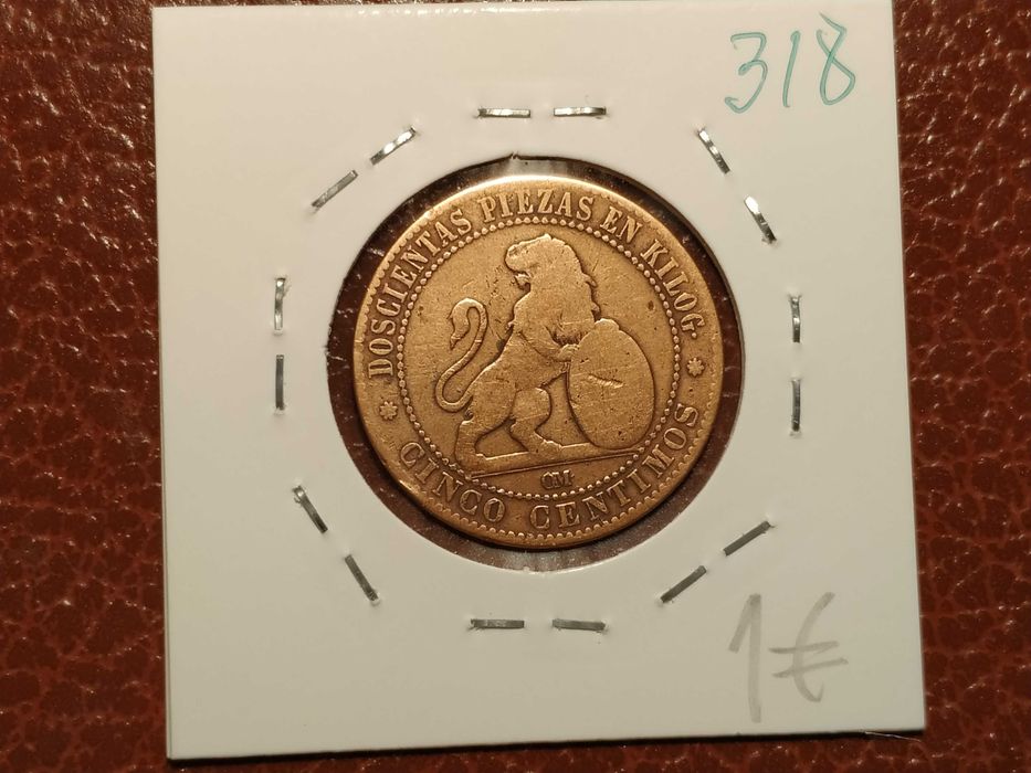 318 Espanha - moeda de 5 centimos de 1870