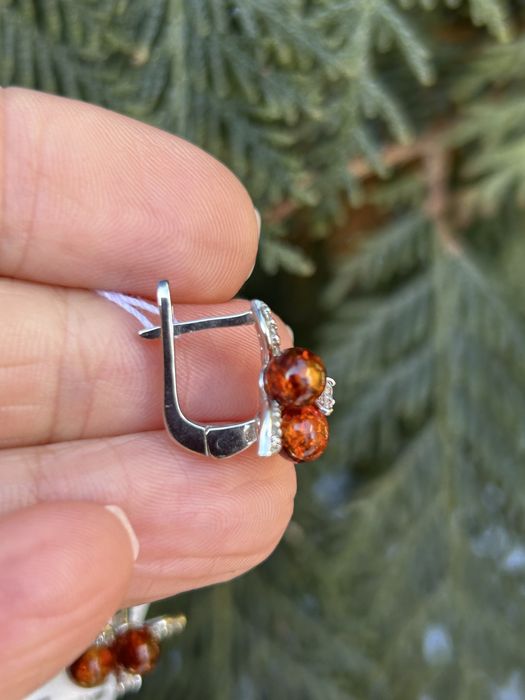 Срібний набір з натуральним бурштином, сережки+ каблучка