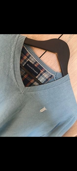 Sweter Męski Bruun & Stengade V-neck Dekolt Serek Bawełna Krata Błękitny S