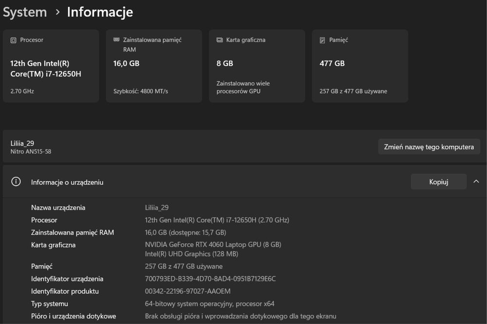 Acer Nitro 5 i7-12650H RTX 4060 8GB 16GB DDR5 SSD 512GB Win11