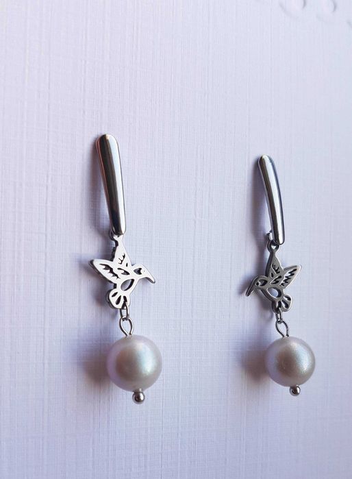 Kolczyki Stal Chirurgiczna - Kolibry, Perły Swarovski