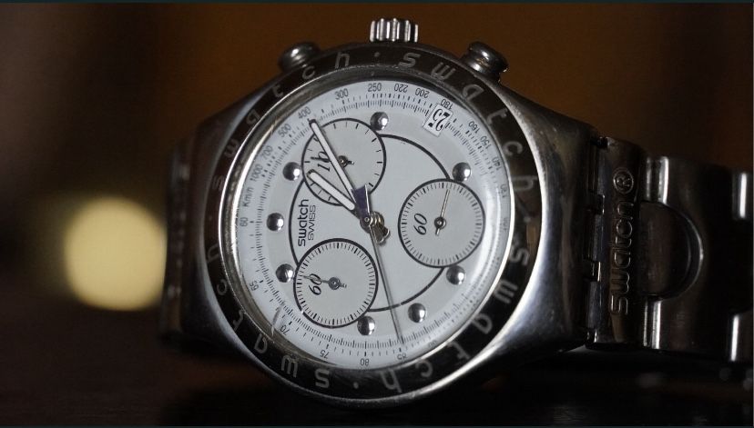 Szwajcarski zegarek SWATCH Irony 4 stainless męski bransoleta lata 90
