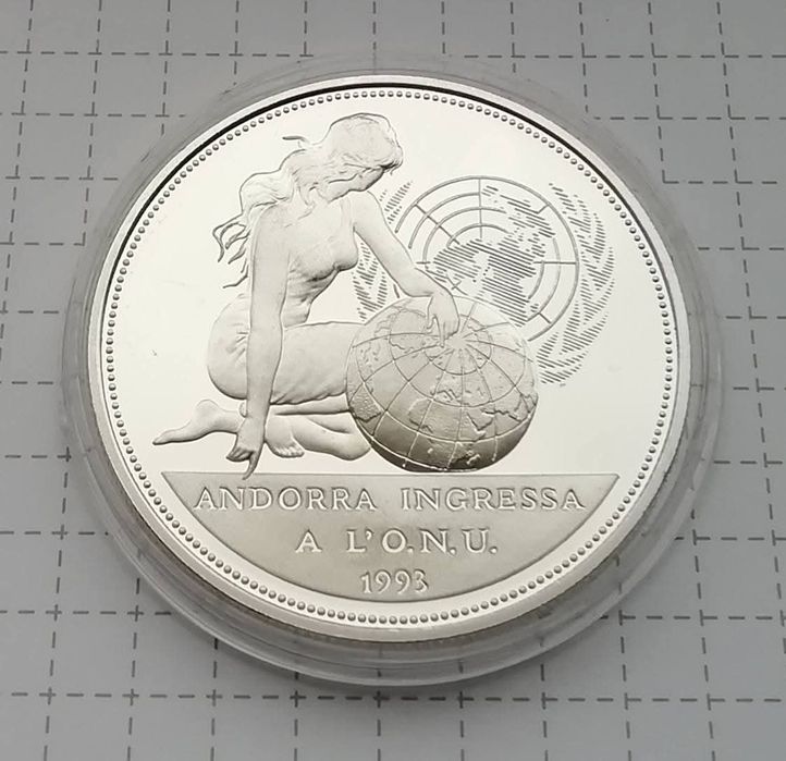 Андорра 10 дінерів 1994р. Членство Андорри в ООН. СРІБЛО. Сертифікат.