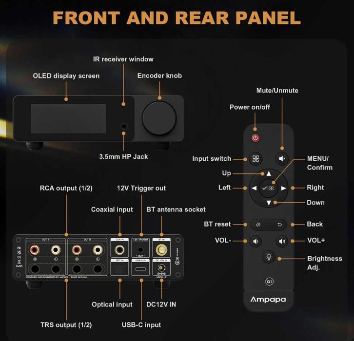 Ampapa Q1 HIFI DAC ESS9039+AK4493 ЦАП BT 5.2 DSD515