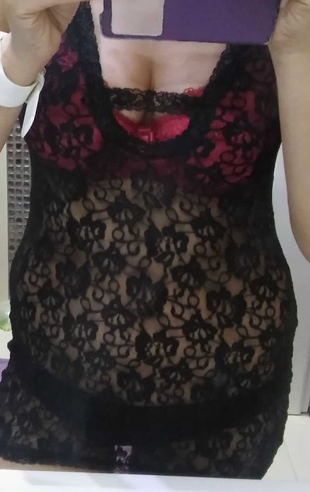 Koronkowa krótka czarna koszulka, seksi, s/m