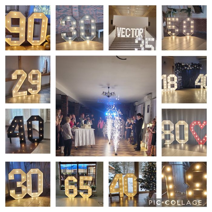 Fotolustro, fotobudka cyfry litery led fontanny iskier ciezki dym