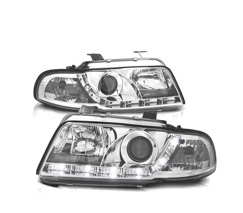 FARÓIS FRONTAIS LED LUZ DIURNA AUDI A4 B5 94 – 99 FUNDO CROMADOS