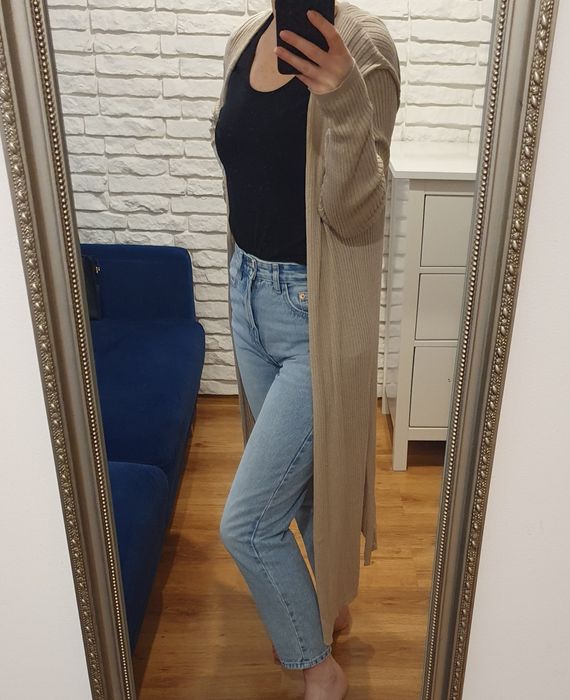 Sweter długi maxi midi prążkowany kardigan beżowy primark M 38