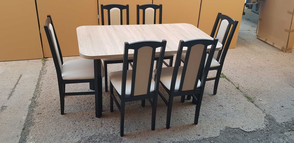 Nowe: Stół 80x140/180 + 6 krzeseł, CZARNY/blat sonoma + CREM