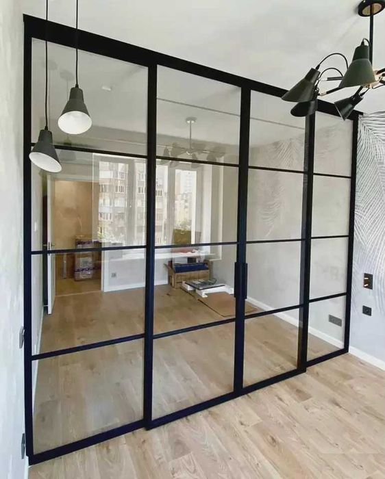 Перегородки в стиле Лофт. Межкомнатные раздвижные стеклянные двери