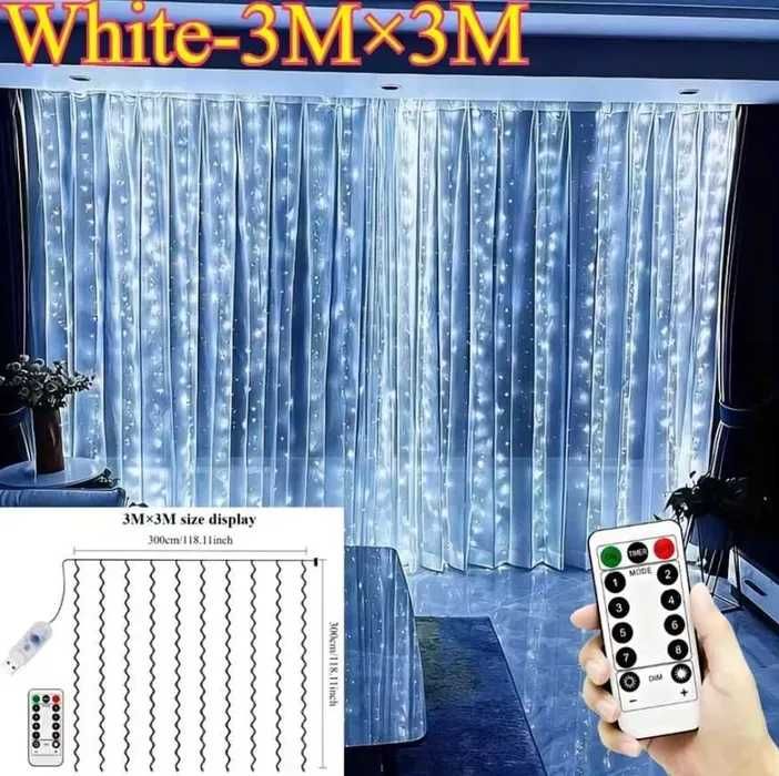 LAMPKI 300 LED 3x3m KURTYNA ŚWIETLNA BIAŁE ZIMNE 8 trybów pilot h230