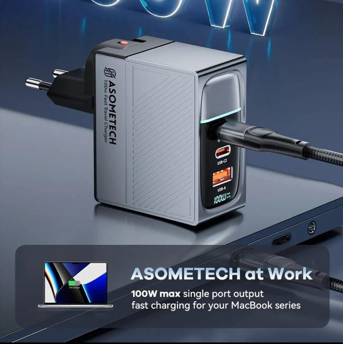 Універсальна зарядка Asometech 100W GaN з дисплеєм потужності пристрій