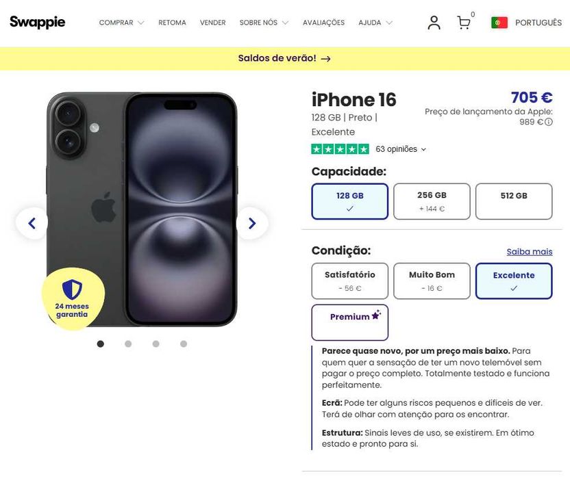 iPhone 16 128Gb, como Novo (Garantia de 6 meses)