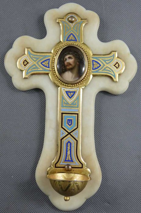 KROPIELNICA krzyż alabaster emalia JEZUS porcelana 25 cm