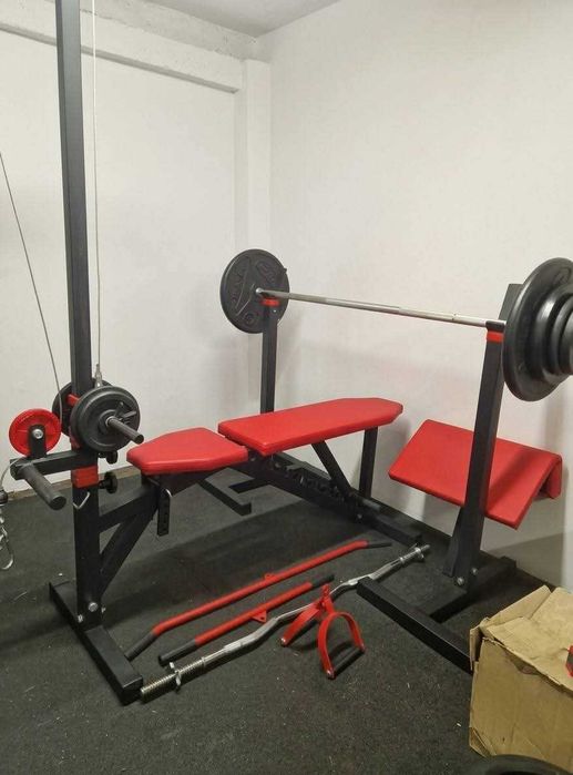 Ławka treningowa regulowana Kelton Stojaki Wyciag Modlitewnik obciążenie zeliwne 100kg gryf prosty lamany
