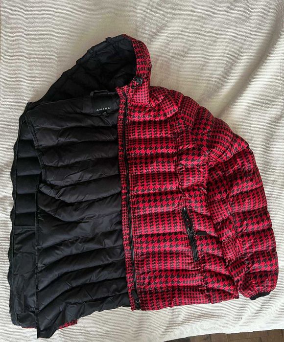 Kurtka pikowana w pepitkę czerwono czarną z kapturem - M-XL - "Amisu".