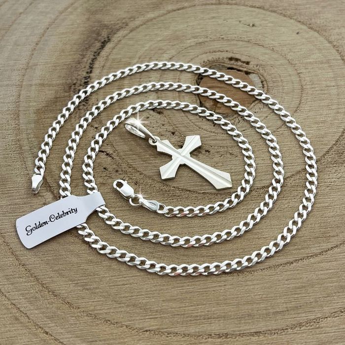 Srebrny Łańcuszek Męski Pancerka Z Krzyżykiem Diamentowany 55 Cm Grawe