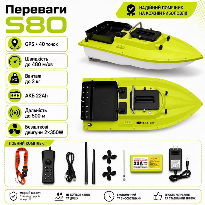 Карповий кораблик з GPS S80, великий, швидкий, безщітковий двигун, 12V