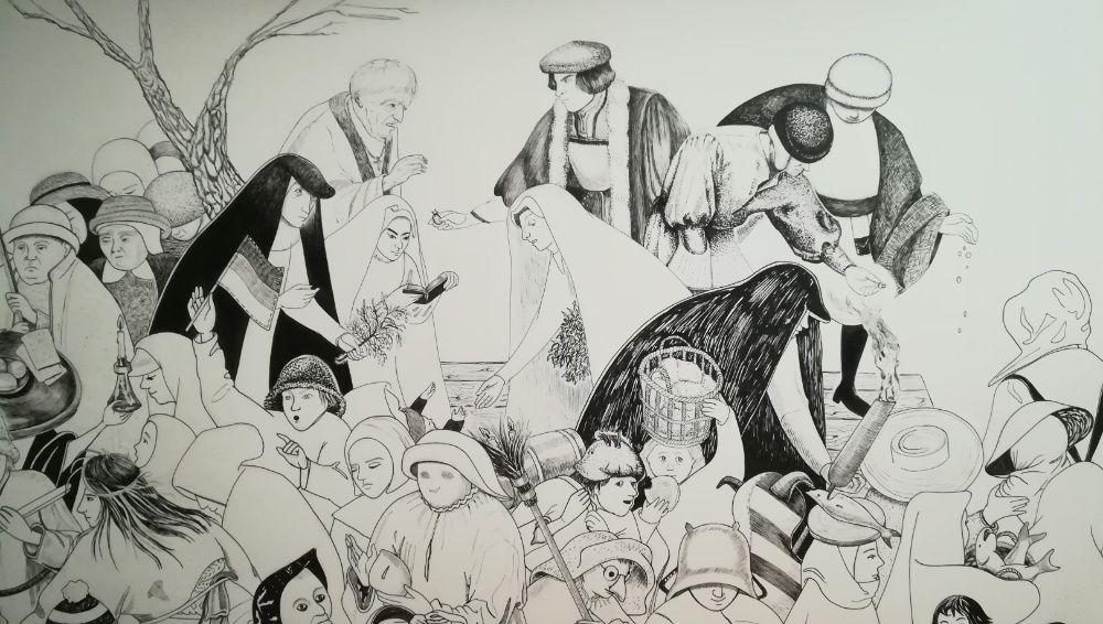 Desenho original a caneta Carnaval e Quaresma de Brueghel -42 x 59,4cm