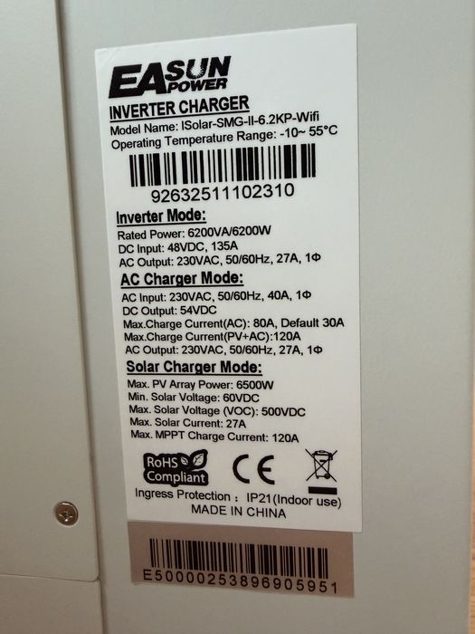Інвертор EASUN 6.2kw 48v