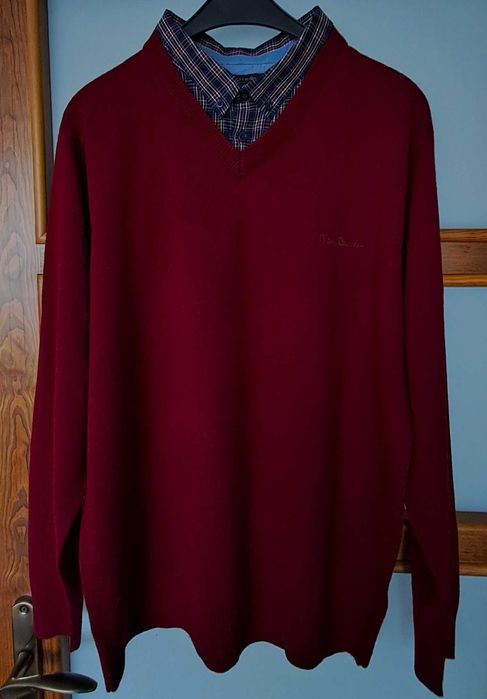 męski sweter z koszulową wstawką ciemna czerwień Pierre Cardin  XL