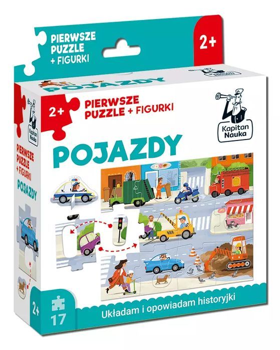 Puzzle 17 elementów. Pojazdy. Pierwsze puzzle + figurki. Kapitan Nauka