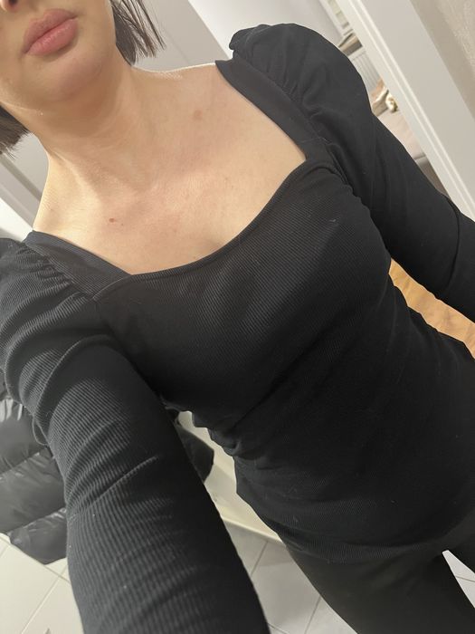 Bluzka bawełniana rękaw 3/4 prążek basic prążkowana bufki