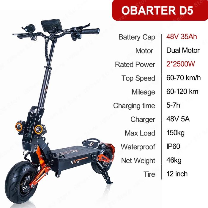 Електросамокат OBARTER D5 5000 Вт — 60–70 км/год, запас ходу до 100 км