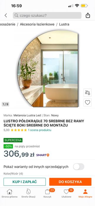 Lustro wiszące półokrągłe ścięte 70